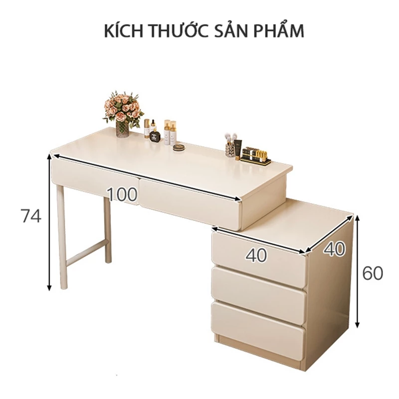 Bàn trang điểm, Bàn làm việc kèm tủ đựng đồ full trắng gỗ MDF kết hợp khung sắt chắc chắn